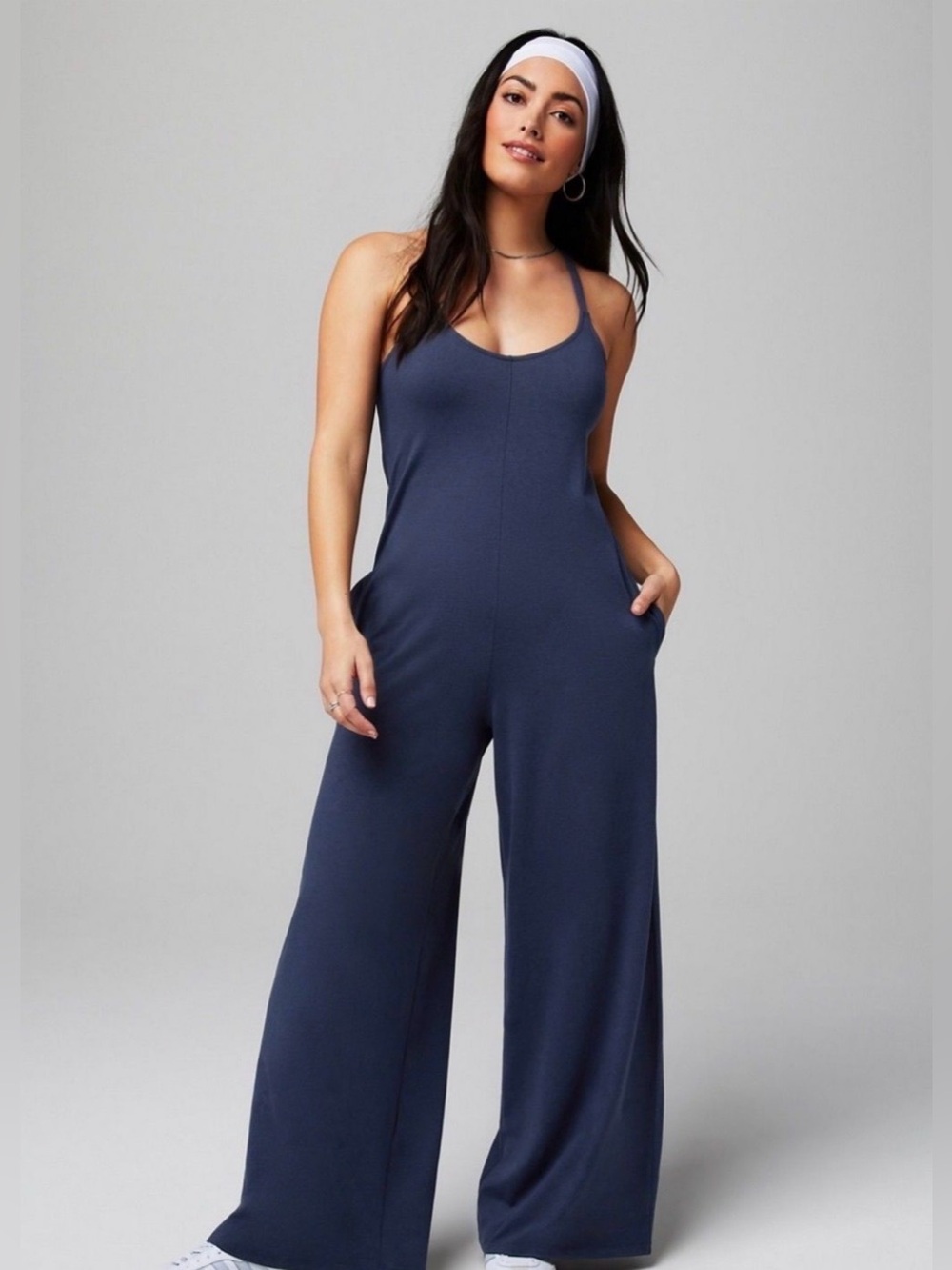 Fabletics NWT Cloud Jersey Navy Scoop-Neck Wide-Leg Onesie with Pockets